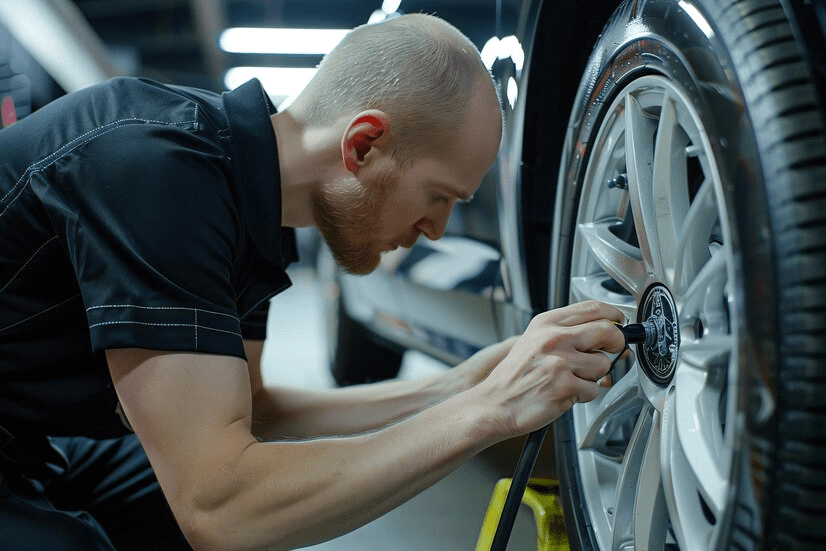 A man with a beard is working on a wheel with a yellow tape