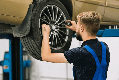 Car mechanic trying set socket in auto wheel